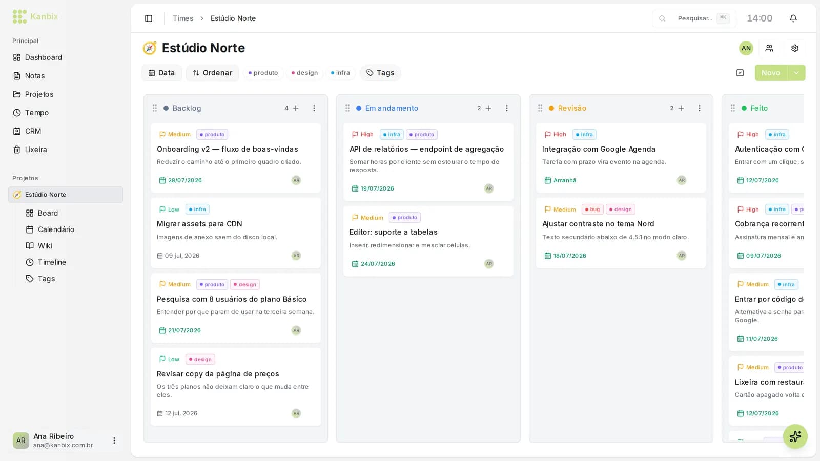 Quadro Kanban do Kanbix no tema selecionado